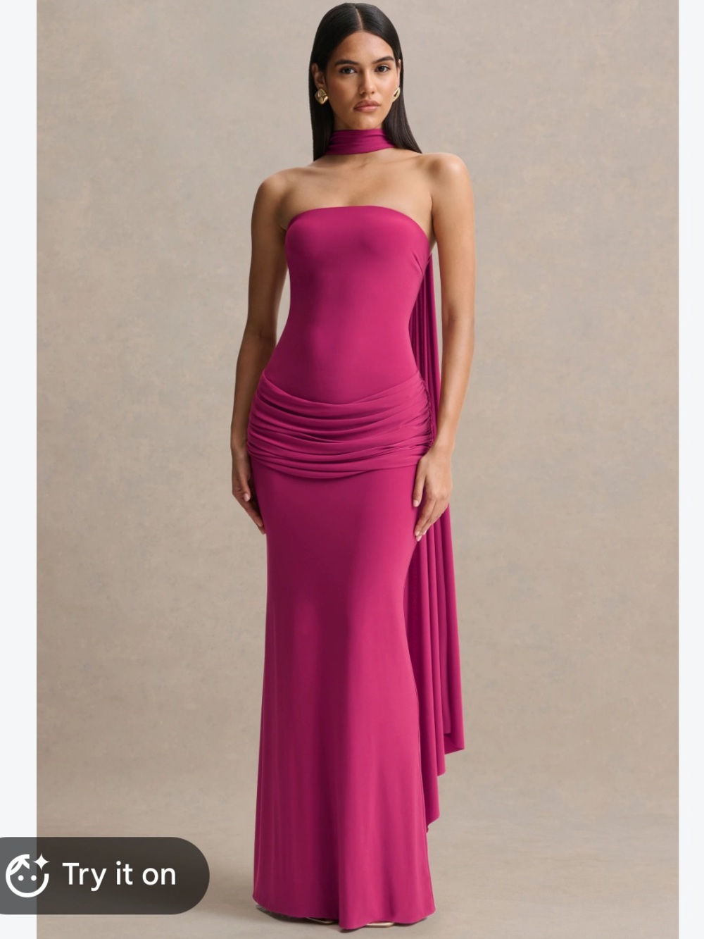 Strapless Hot Pink Maxi Dress with Draped Waist and Scarf Detail
